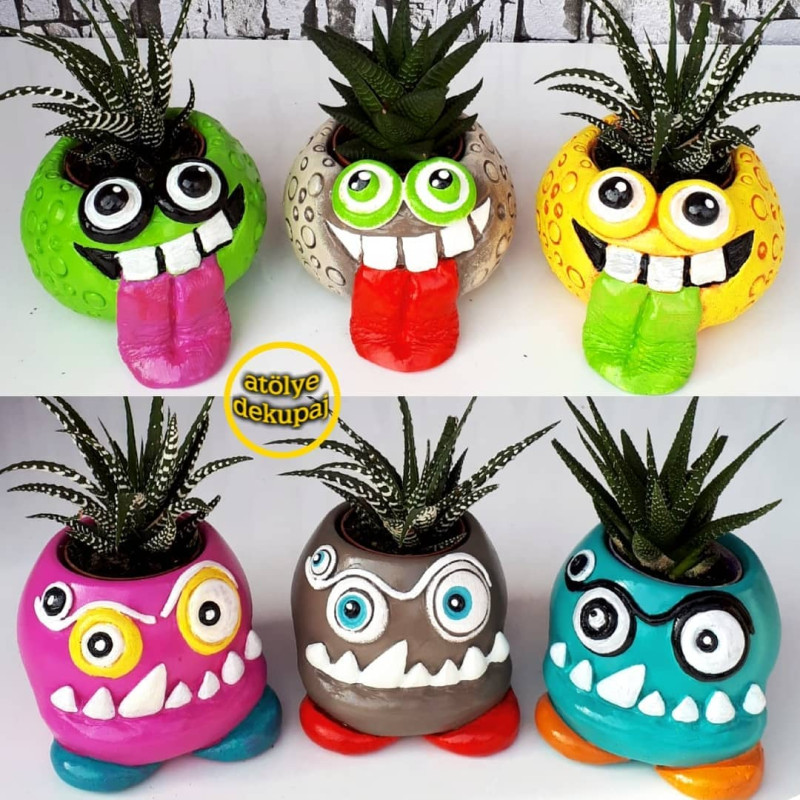 Dişli Canavar El Yapımı El Boyaması Saksı