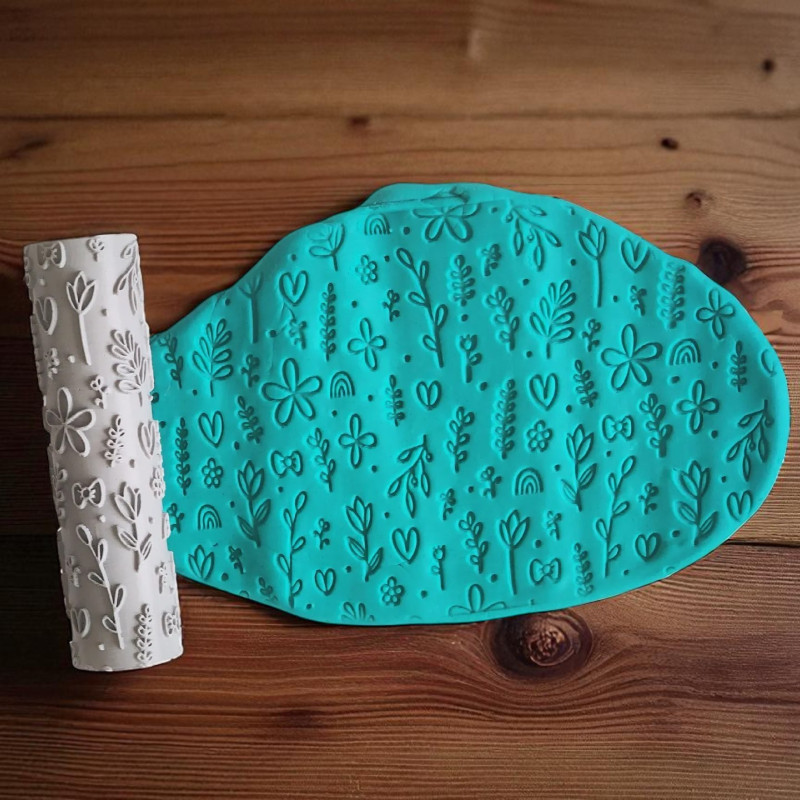 Model 026 - Çiçekli Çiçek - Polimer Kil Doku Oklavası / Seramik Çamuru Desen Rulosu