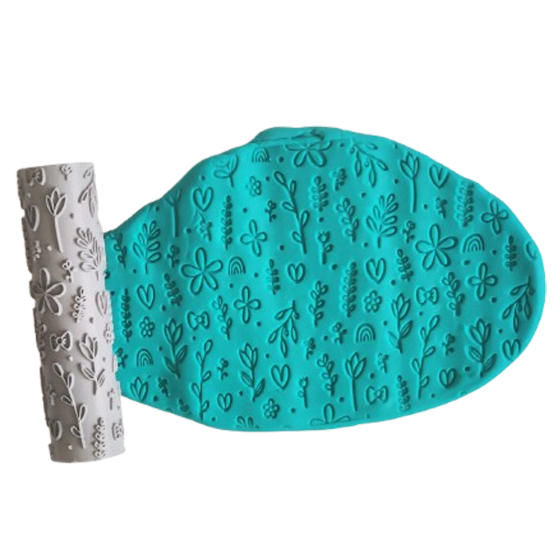 Model 026 - Çiçekli Çiçek - Polimer Kil Doku Oklavası / Seramik Çamuru Desen Rulosu